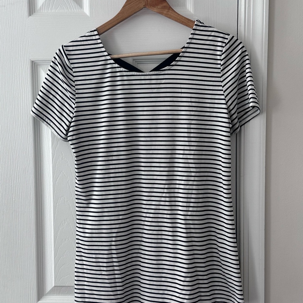 Soft black and white striped short sleeve blouse